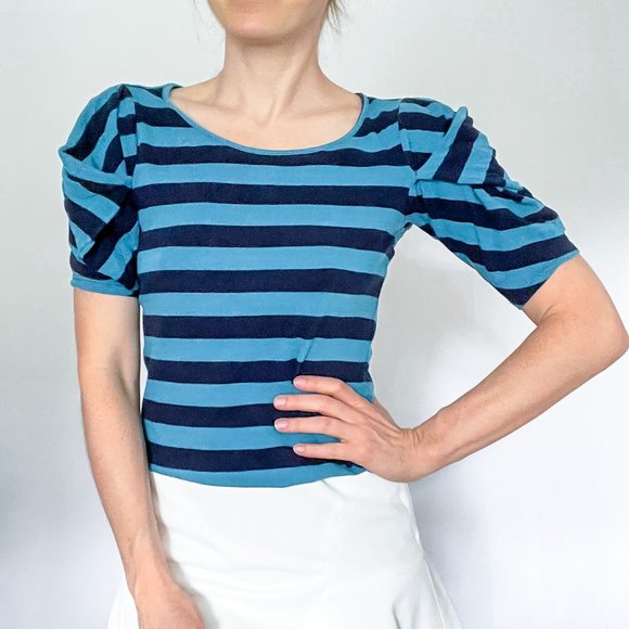 Anthropologie Pilcro and the Letterpress Blue and Navy Striped Shirt with Puffy - Picture 1 of 10